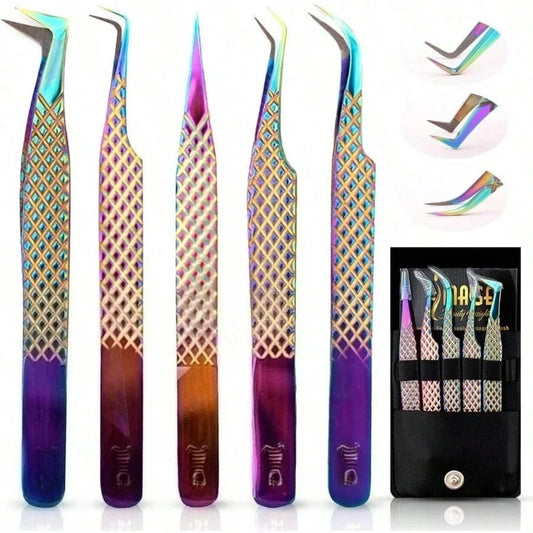 5 Pcs Fiber-Tip Japanese Steel Lash Tweezer Set