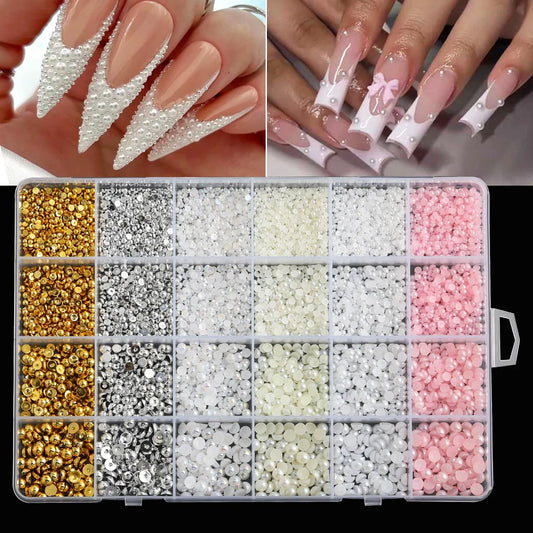 24-Grid Flat-Back Pearl Nail Decoration Set