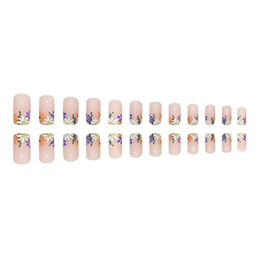 Short Square Purple Flower Press-On Nails – 24-Piece Set