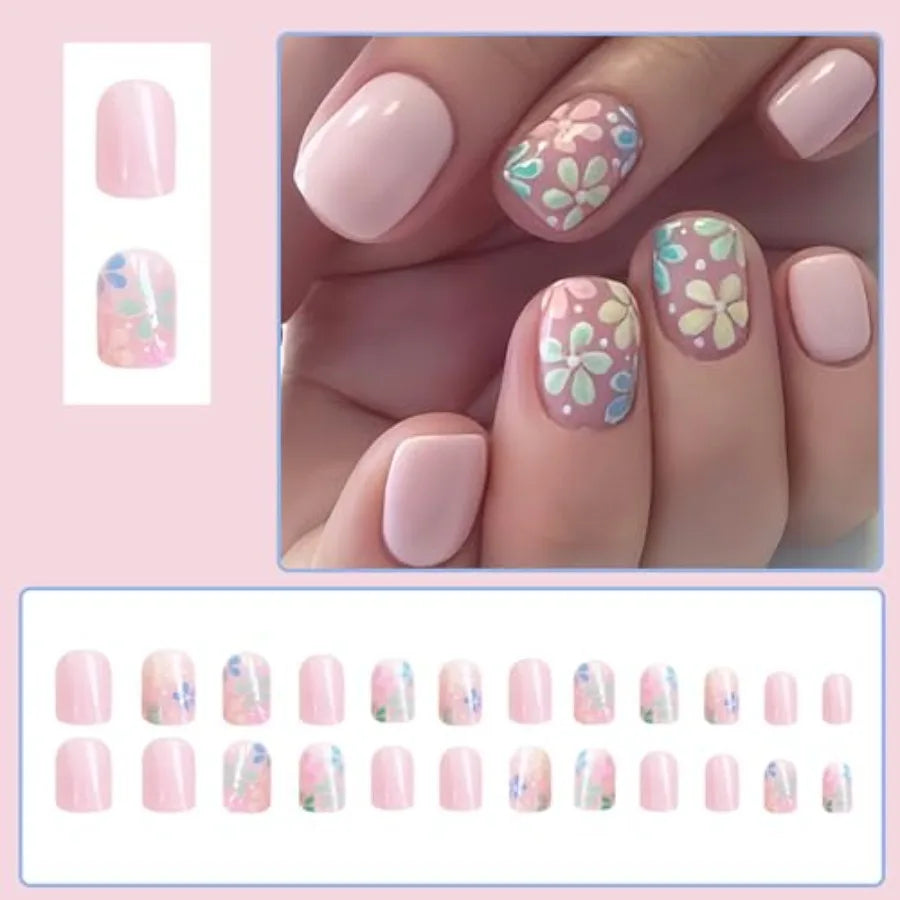 24-Piece Colorful Floral Short Square Press-On Nails