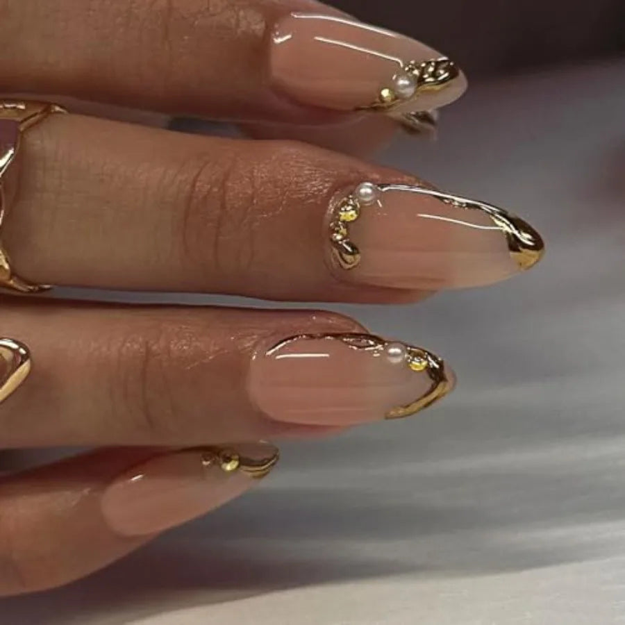 Medium Almond Gold French Tip Press-On Nails