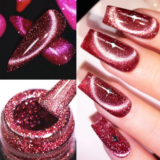 6Pcs Diamond Red Cat Eye Gel Nail Polish Set