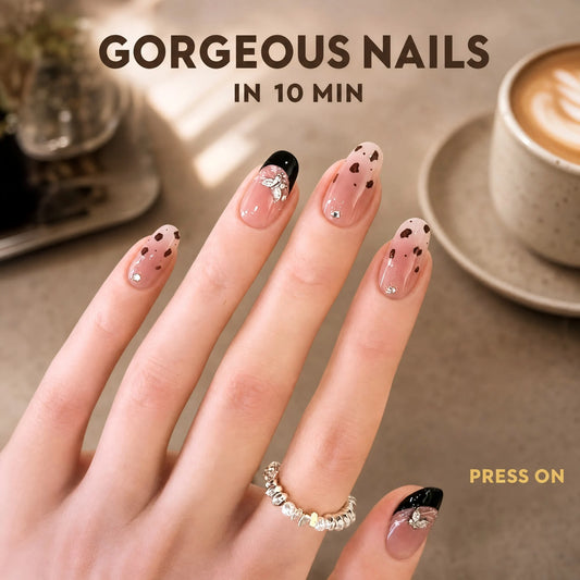  24-Piece Leopard Print Almond Press-On Nails with Butterfly Charms