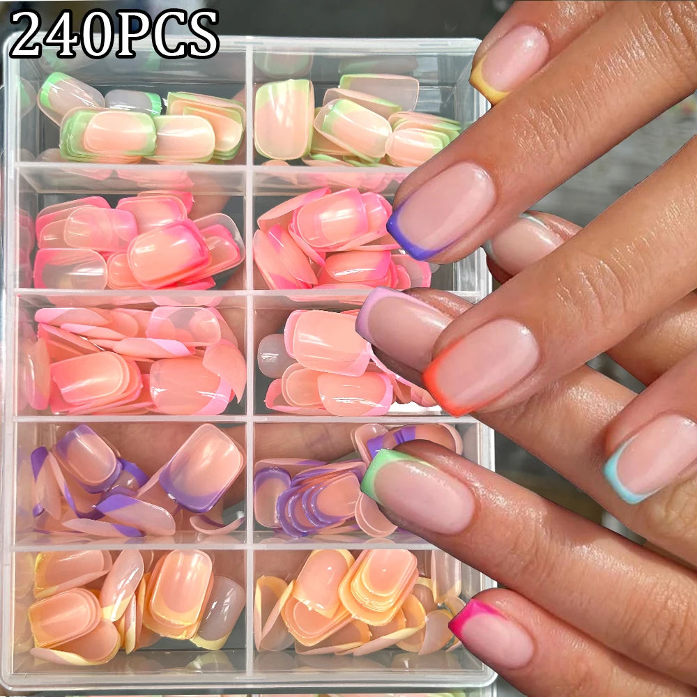 240-Piece Candy Color French Short Square Nail Tips