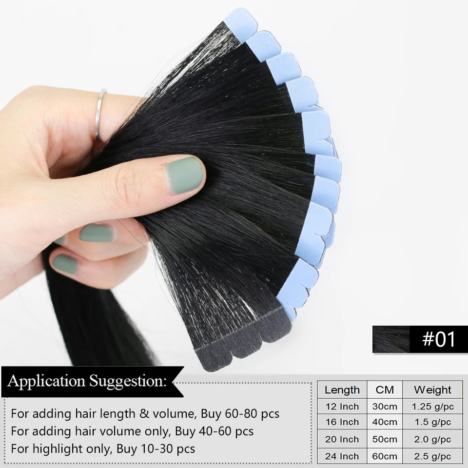 Mini Tape-In Human Hair Extensions – 12–20 Inches, 10 Pieces