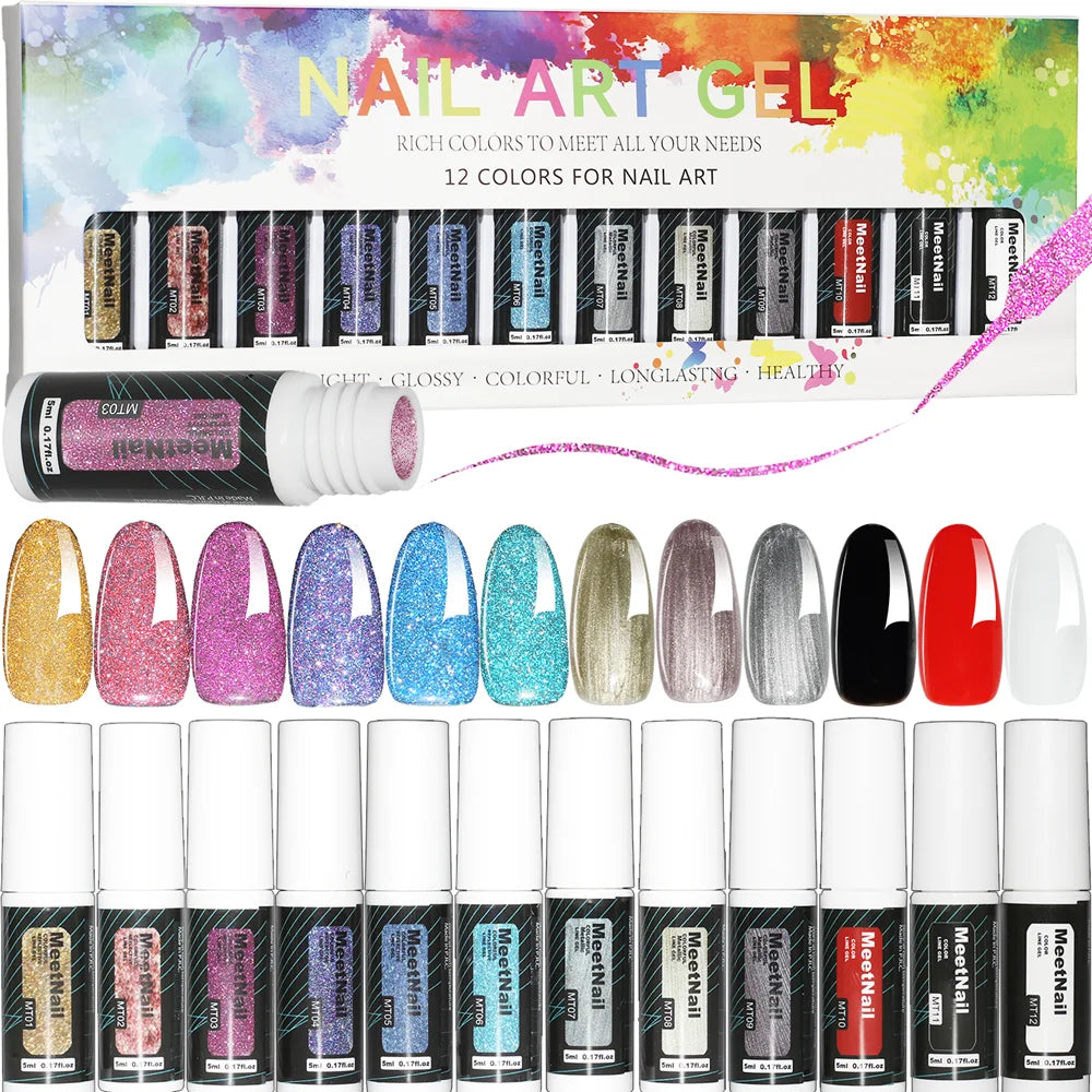 12-Color Reflective Glitter Nail Art Gel Liner Set