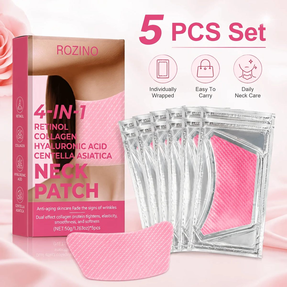 ROZINO 4-in-1 Retinol & Collagen Neck Patches – 5 Pack