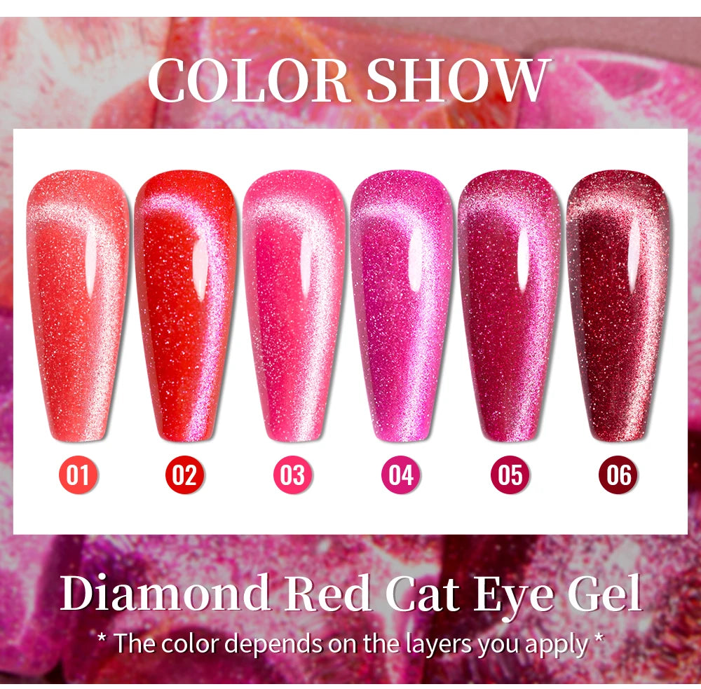 6-Piece Diamond Red Cat Eye Gel Nail Polish Set