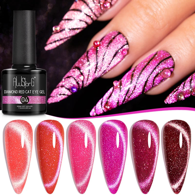 6-Piece Diamond Red Cat Eye Gel Nail Polish Set