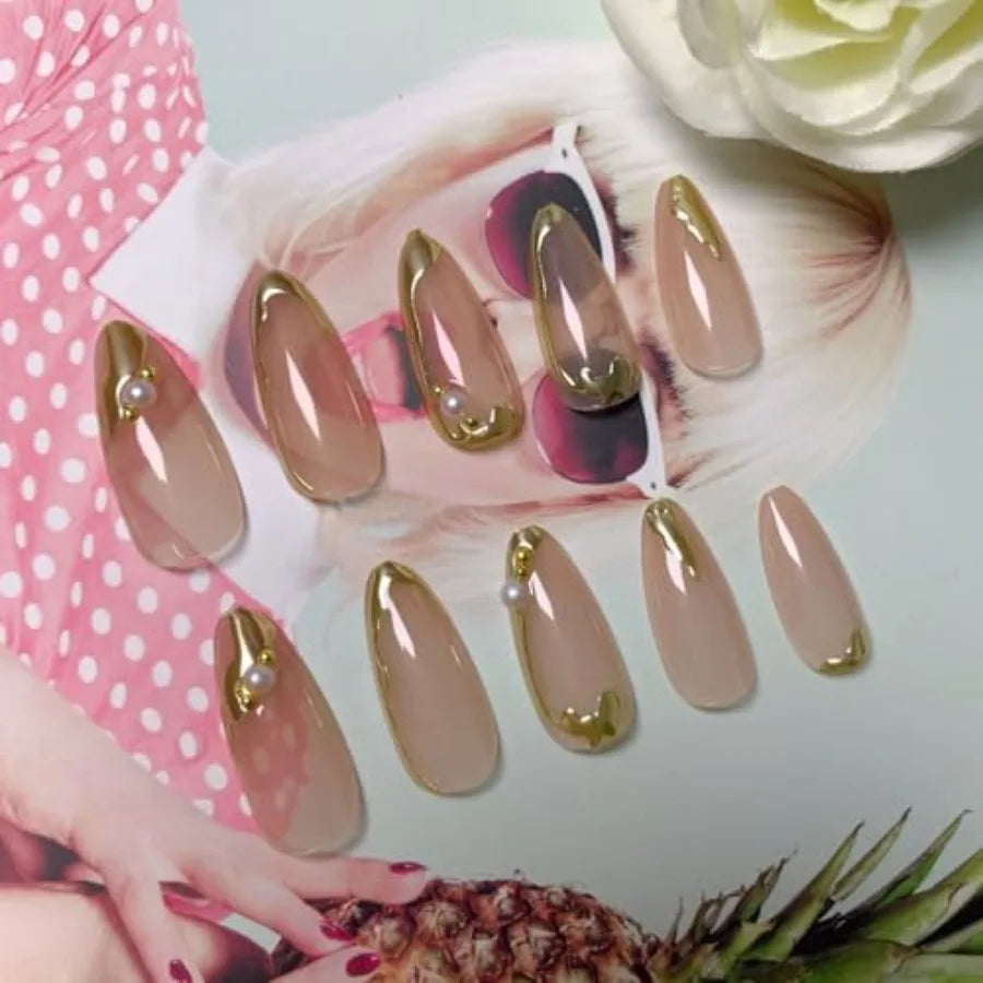 Medium Almond Gold French Tip Press-On Nails
