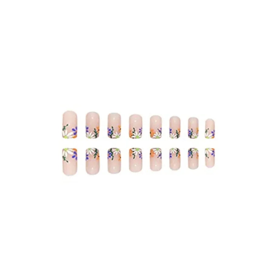 Short Square Purple Flower Press-On Nails – 24-Piece Set
