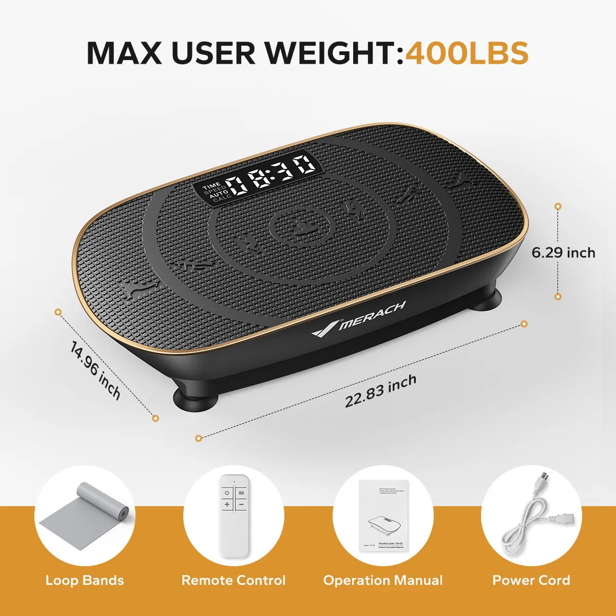 Vibration plate with maximum user weight capacity of 400 lbs