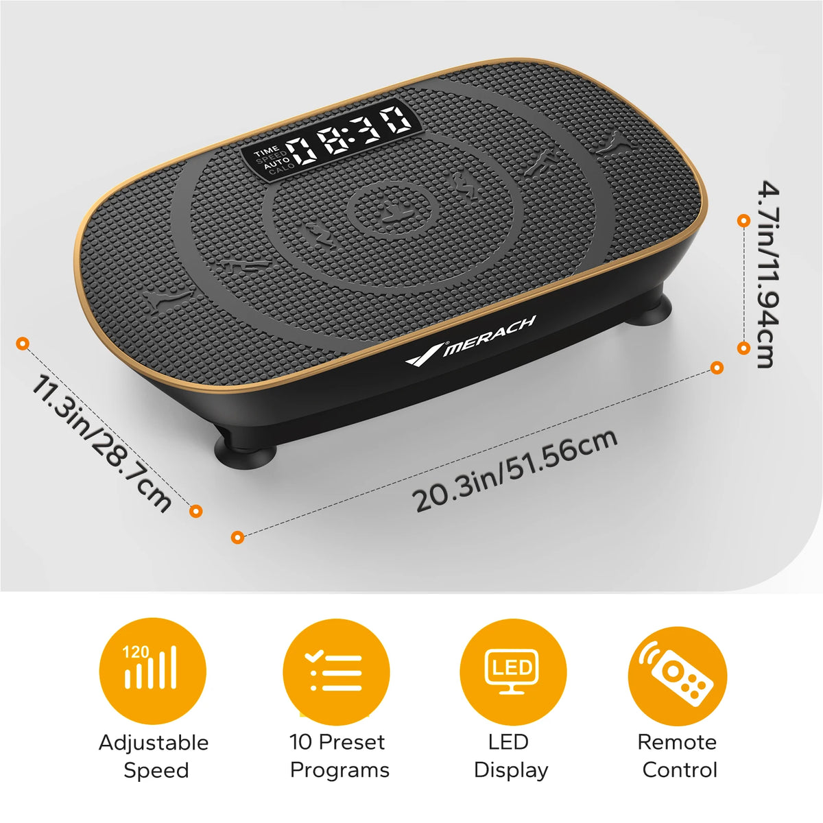Vibration plate showing dimensions, adjustable speed settings, digital display, and remote control