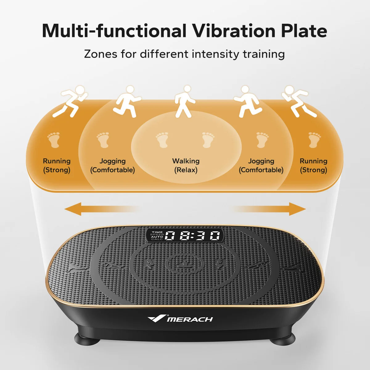 Vibration plate with multiple training zones for different workout intensities