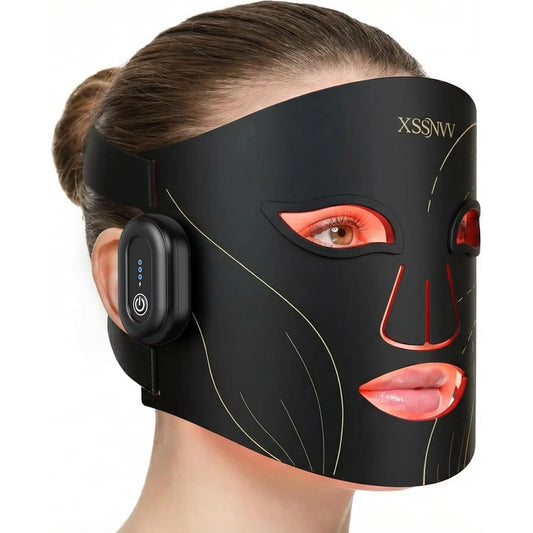 Black XSSNW LED light therapy face mask with red accents on a white background