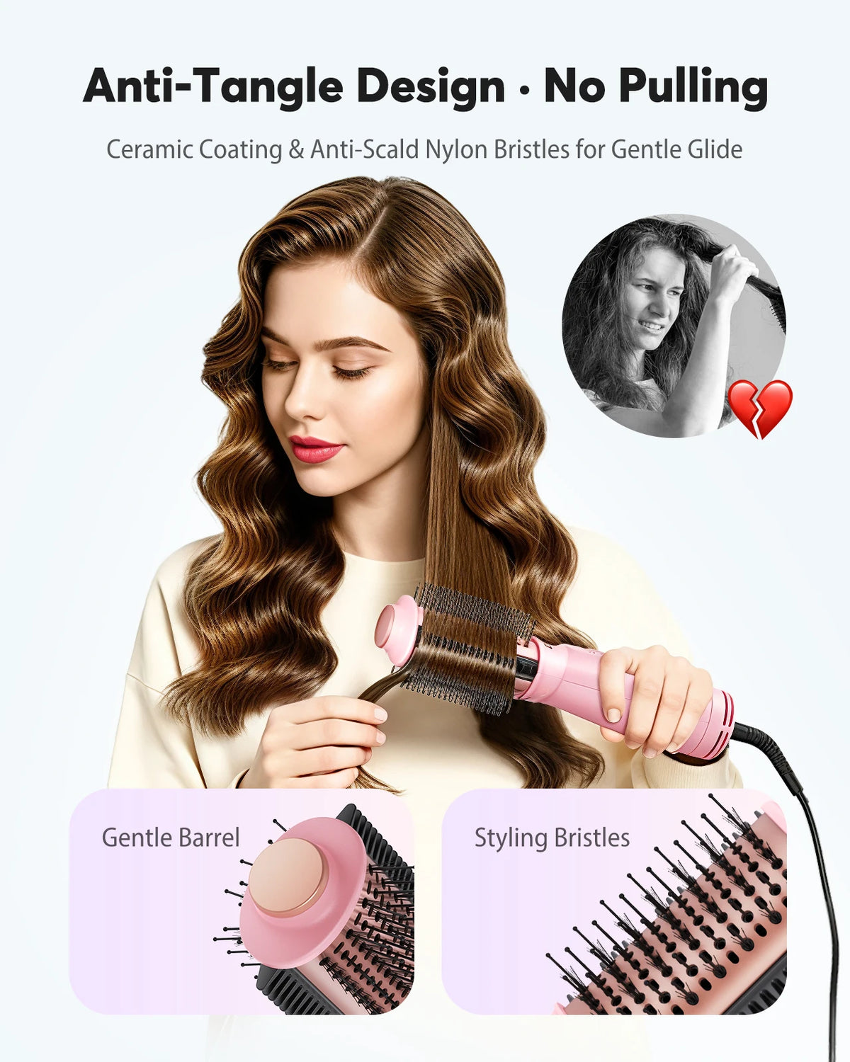 Woman using a round hair styling brush with an anti-tangle design for smooth, gentle gliding through hair.