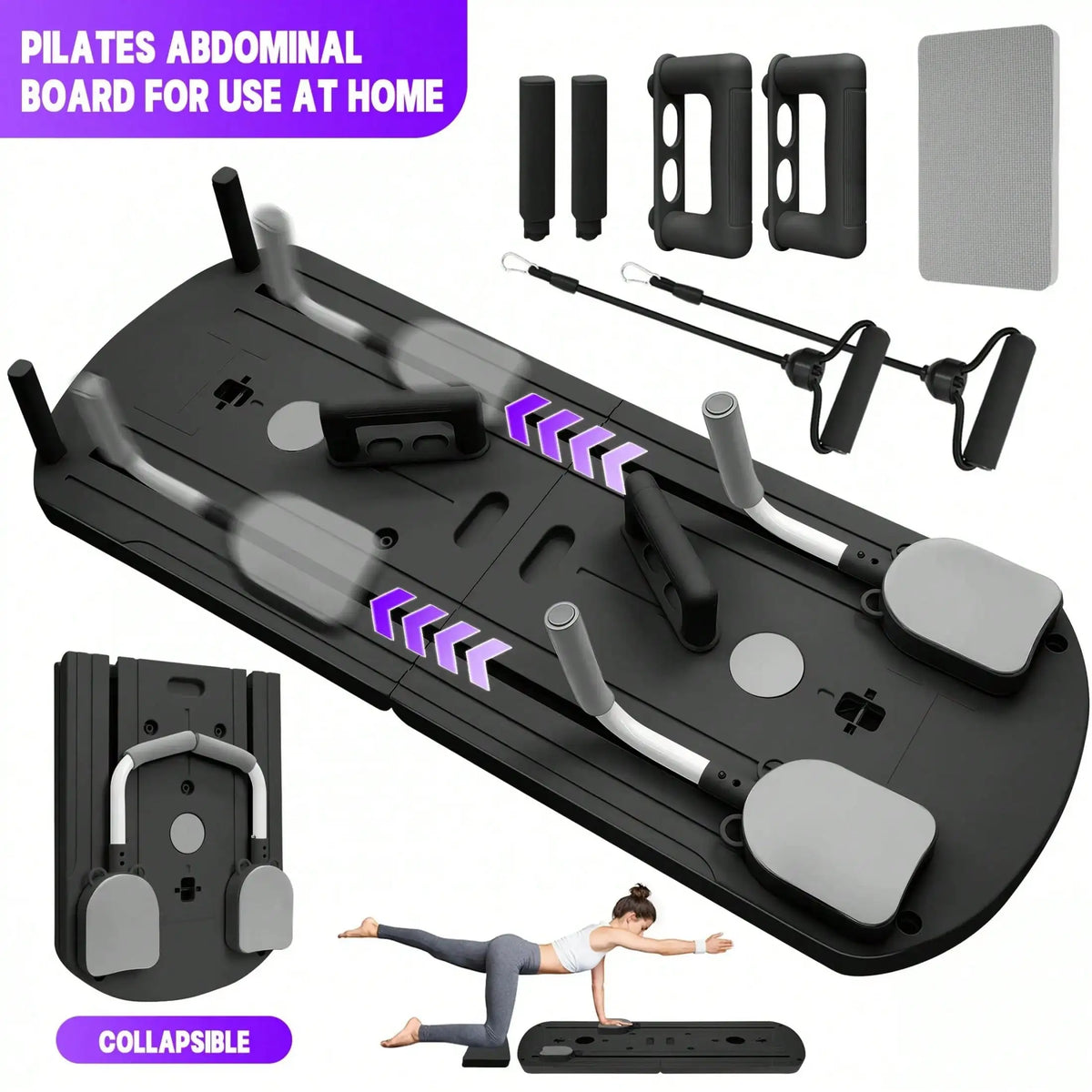 Black foldable Pilates abdominal exercise board with handles, resistance bands, and foam pads for full-body home workouts.