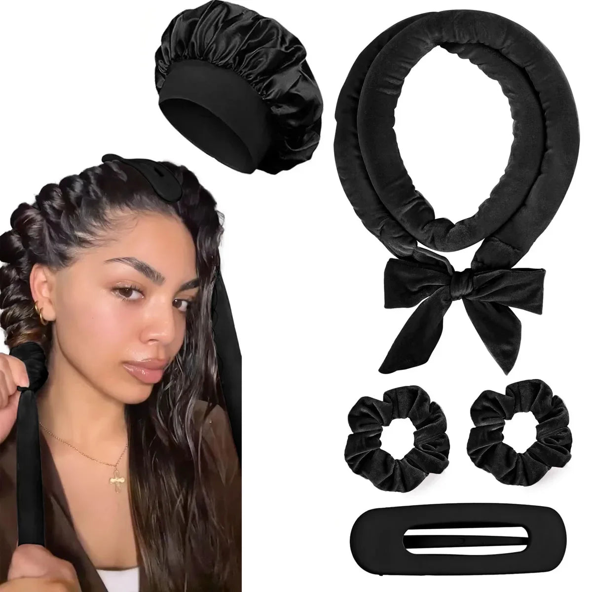 Black heatless hair curler set with satin bonnet, curling headband, scrunchies, and hair clip