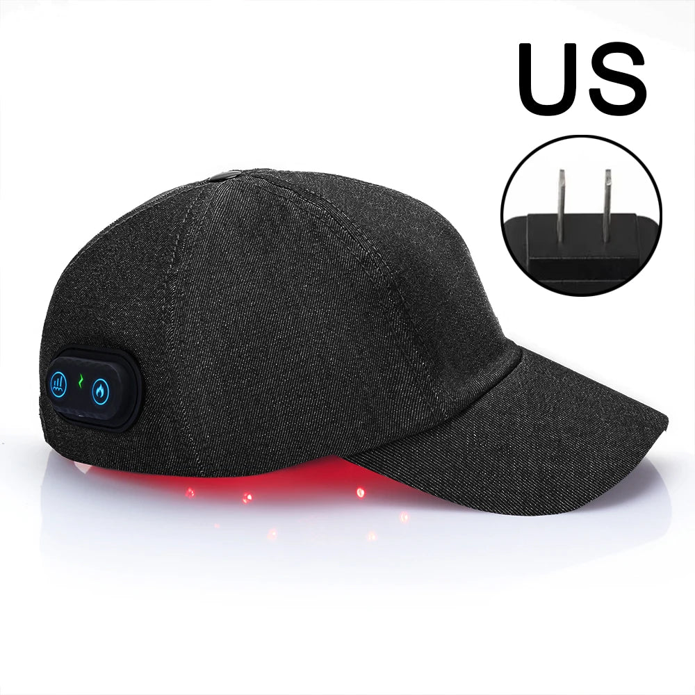 Black red light therapy scalp cap with interior LED lights and control buttons