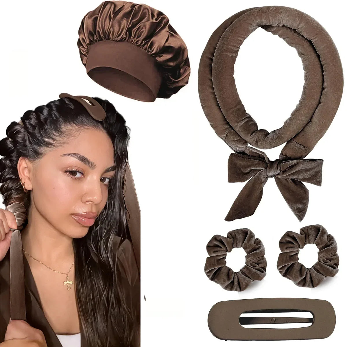 Brown heatless hair curler set with satin bonnet, curling headband, scrunchies, and hair clip