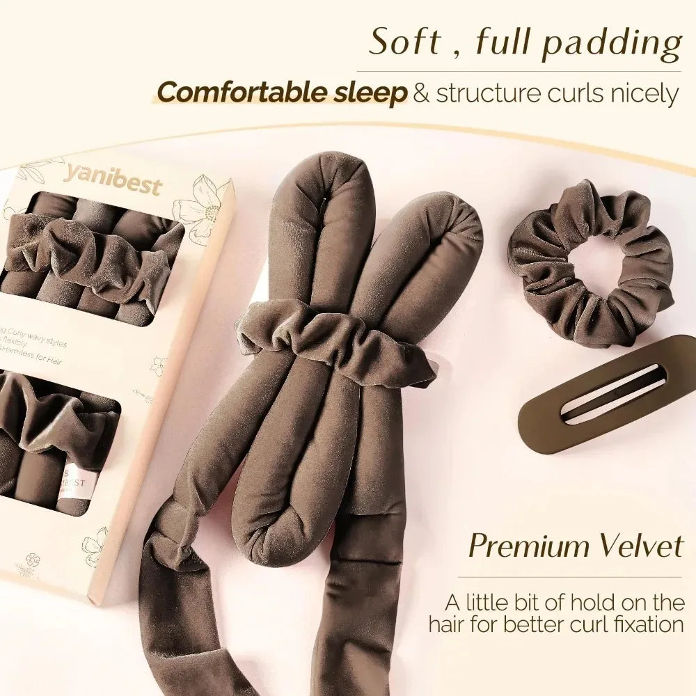 Brown heatless hair curler set with scrunchies, hair clip, and styling accessories