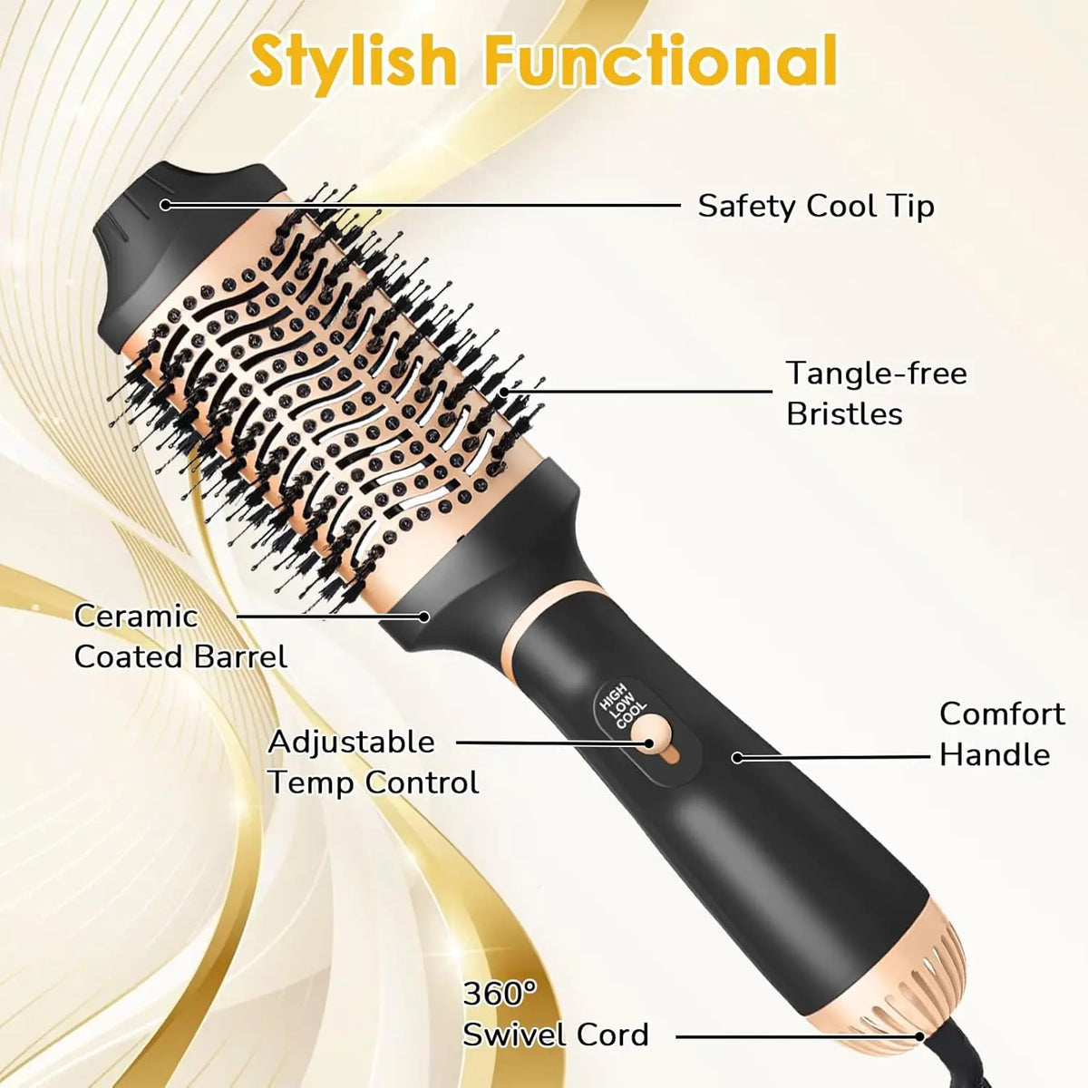 Round heated hair styling brush with ceramic-coated barrel, tangle-free bristles, adjustable temperature control, cool tip, and swivel cord.