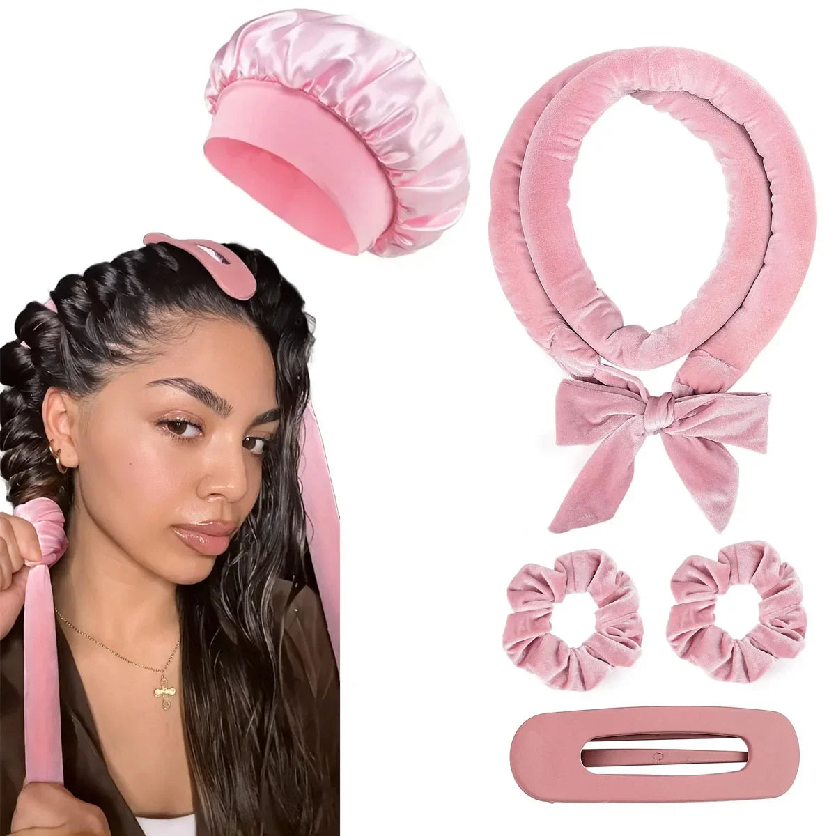 Dark pink heatless hair curler set with satin bonnet, curling headband, scrunchies, and hair clip