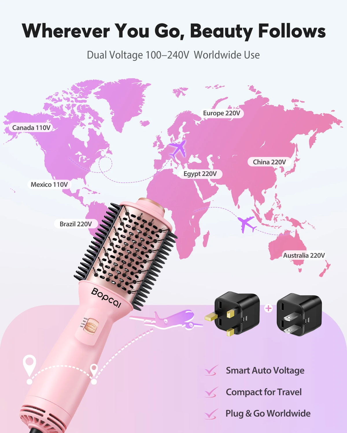 Dual-voltage hair styling brush with 100–240V compatibility information and world map graphic on a pink background.