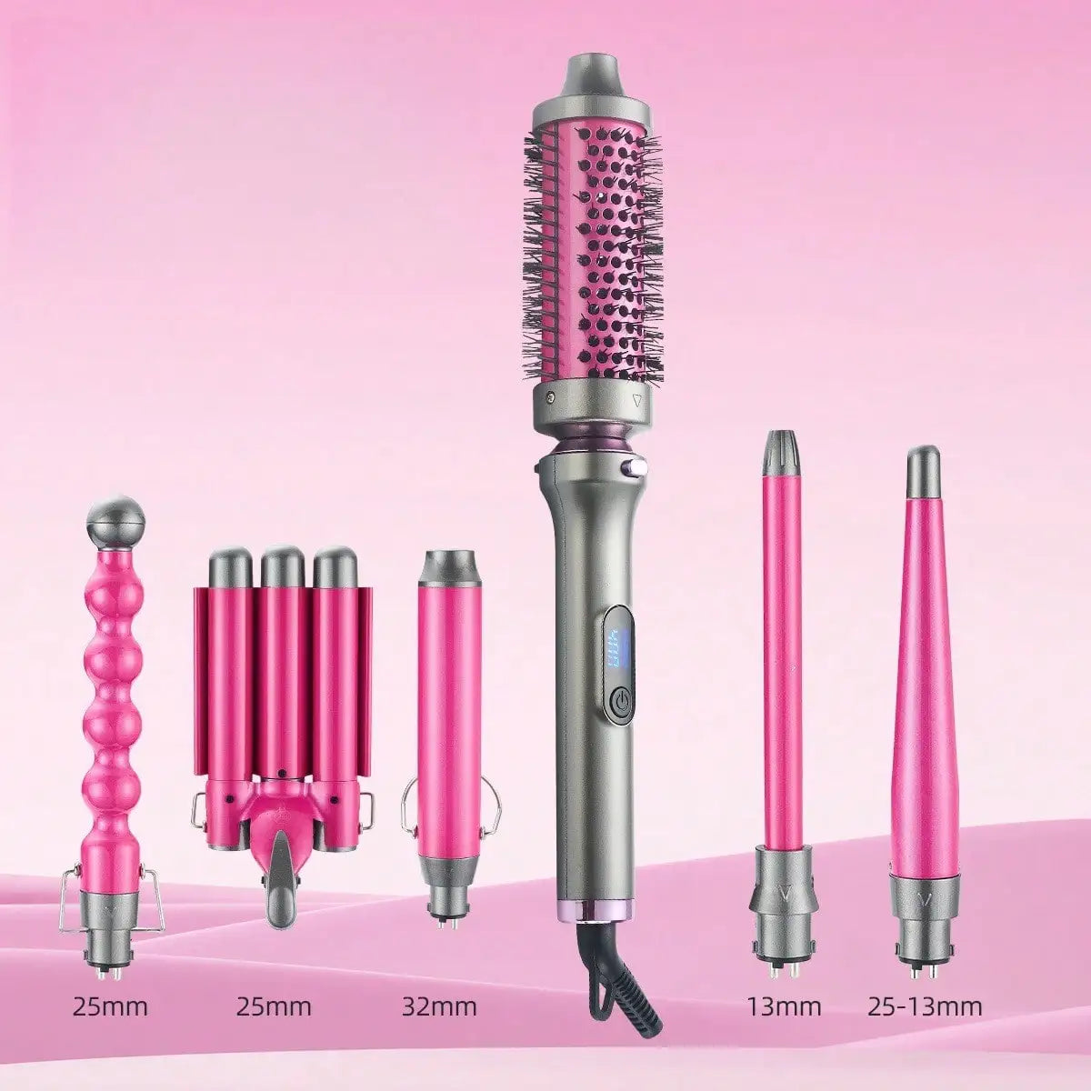 Pink and silver hair styling tool set with six interchangeable styling attachments