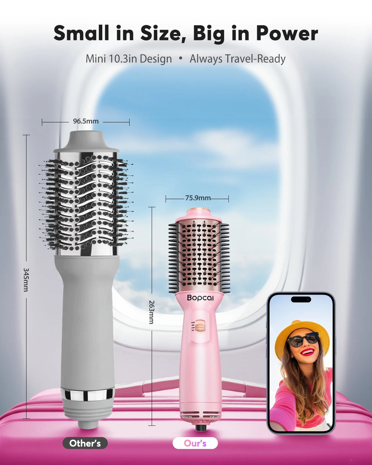 Hair styling brush with product dimensions displayed alongside a smartphone for size comparison.