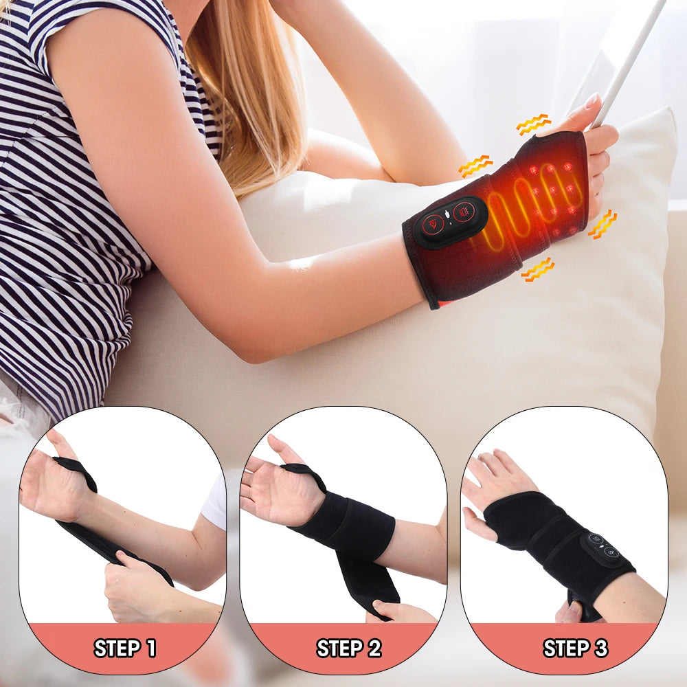 Heated red light therapy wrap shown on the wrist with application steps for the foot and ankle