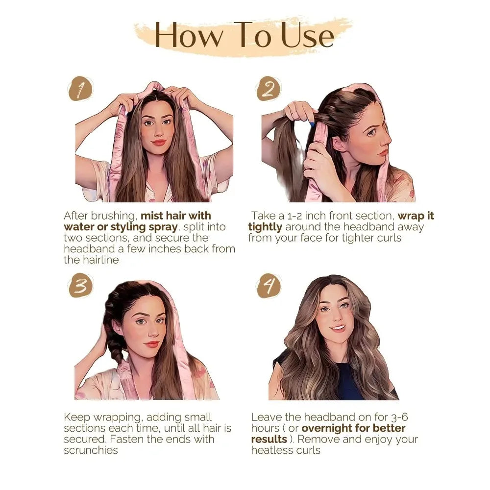 Step-by-step guide showing how to use the hair curler headband to create heatless curls