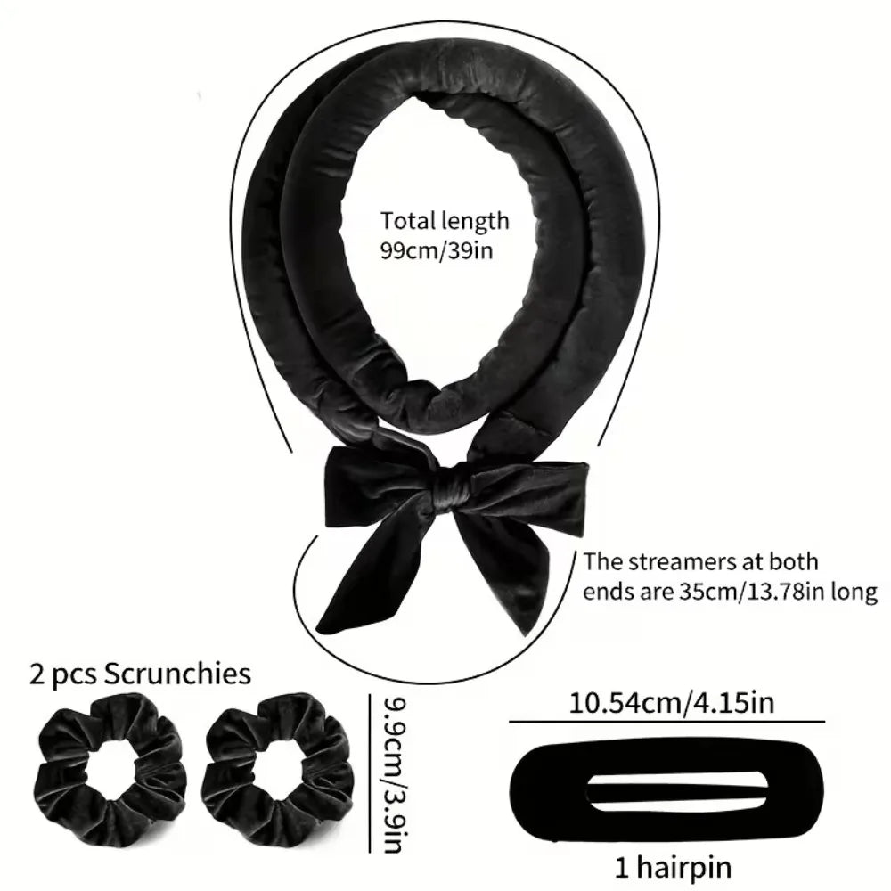 Black heatless hair curler set accessories with scrunchies, hair clip, and product measurements