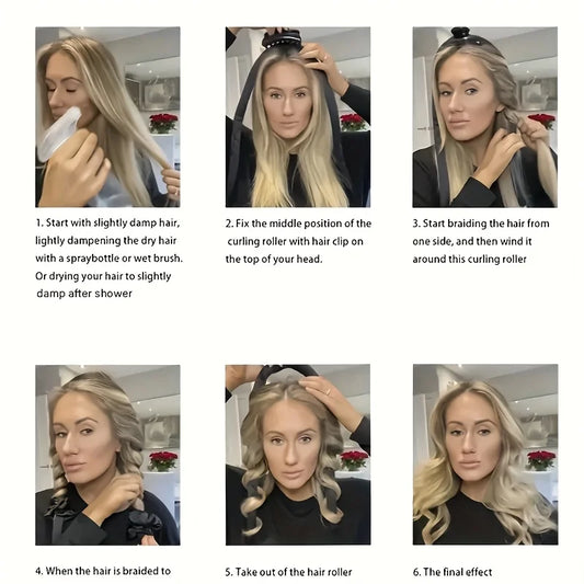 Step-by-step tutorial showing how to use a heatless curling rod headband to create overnight curls and waves without heat, with illustrated instructions.