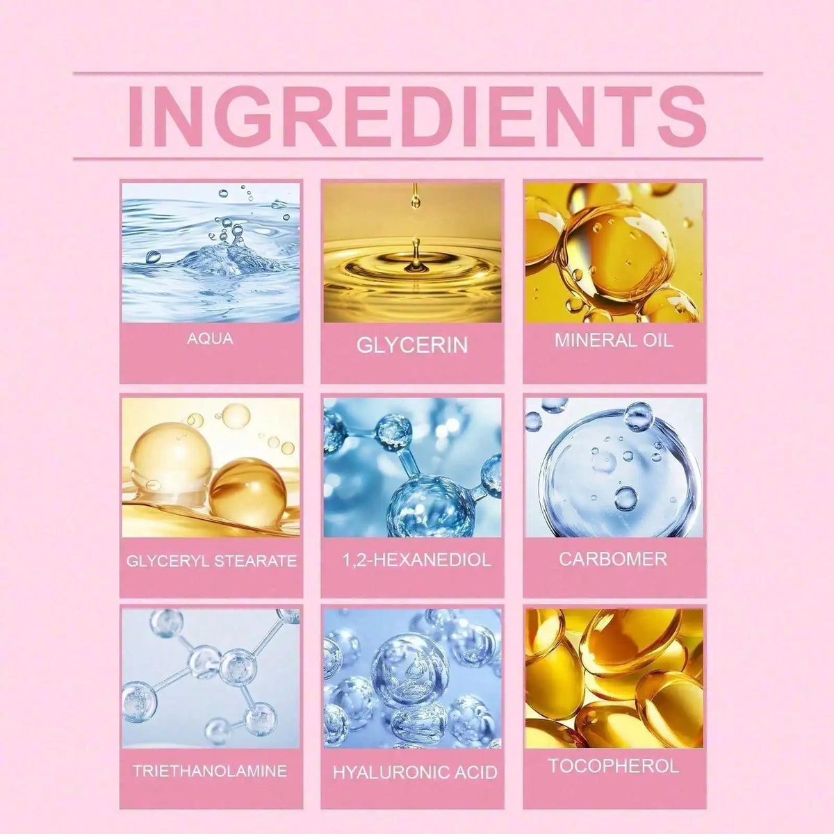 JAYSUING B-FIRMING Body Cream ingredients infographic featuring glycerin, mineral oil, hyaluronic acid, tocopherol, and other skincare ingredients.