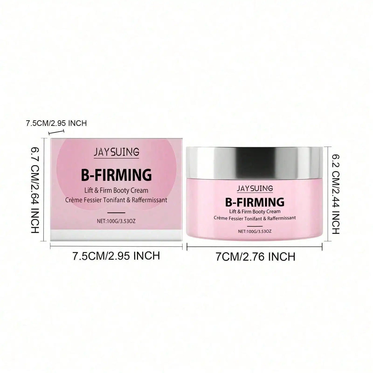 JAYSUING B-FIRMING Lift & Firm Body Cream jar and matching packaging on a white background with product dimensions and measurements.