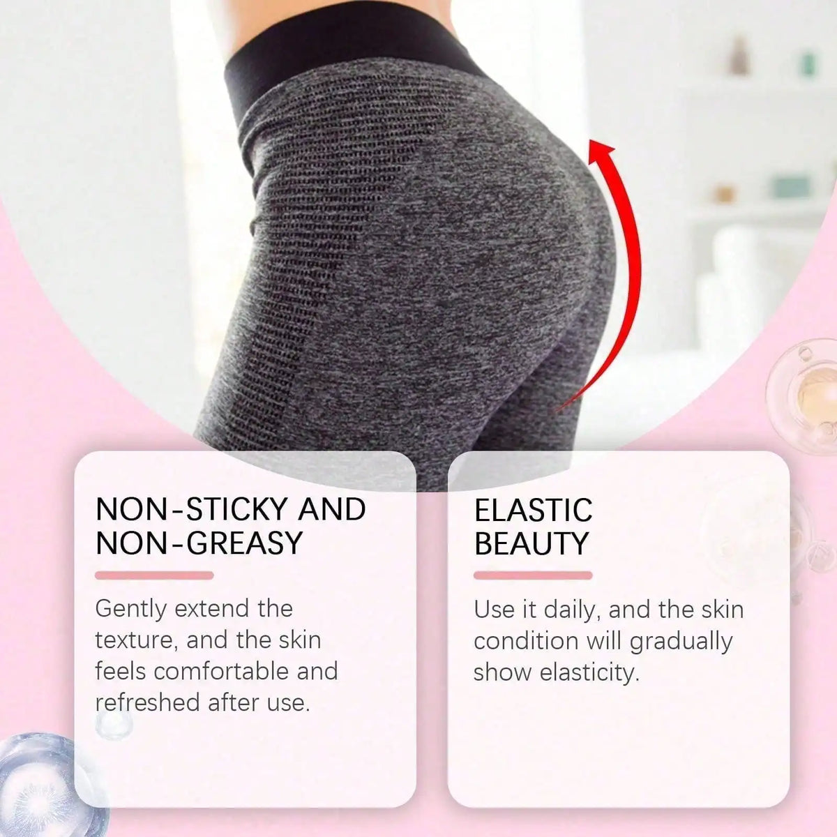 JAYSUING B-FIRMING body cream promotional image showing gray athletic leggings with non-sticky, non-greasy formula and skin elasticity messaging.