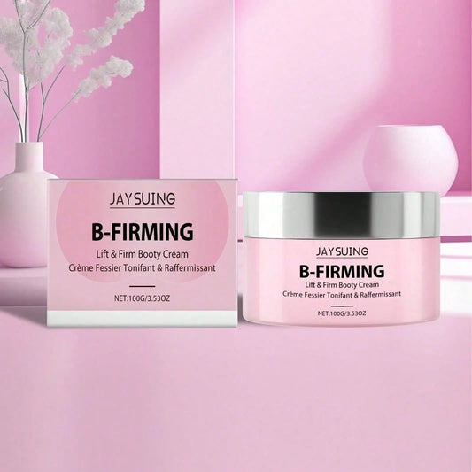 JAYSUING B-FIRMING Lift & Firm Booty Cream in a pink jar with silver lid and matching product box, displayed with white flowers on a pink background.