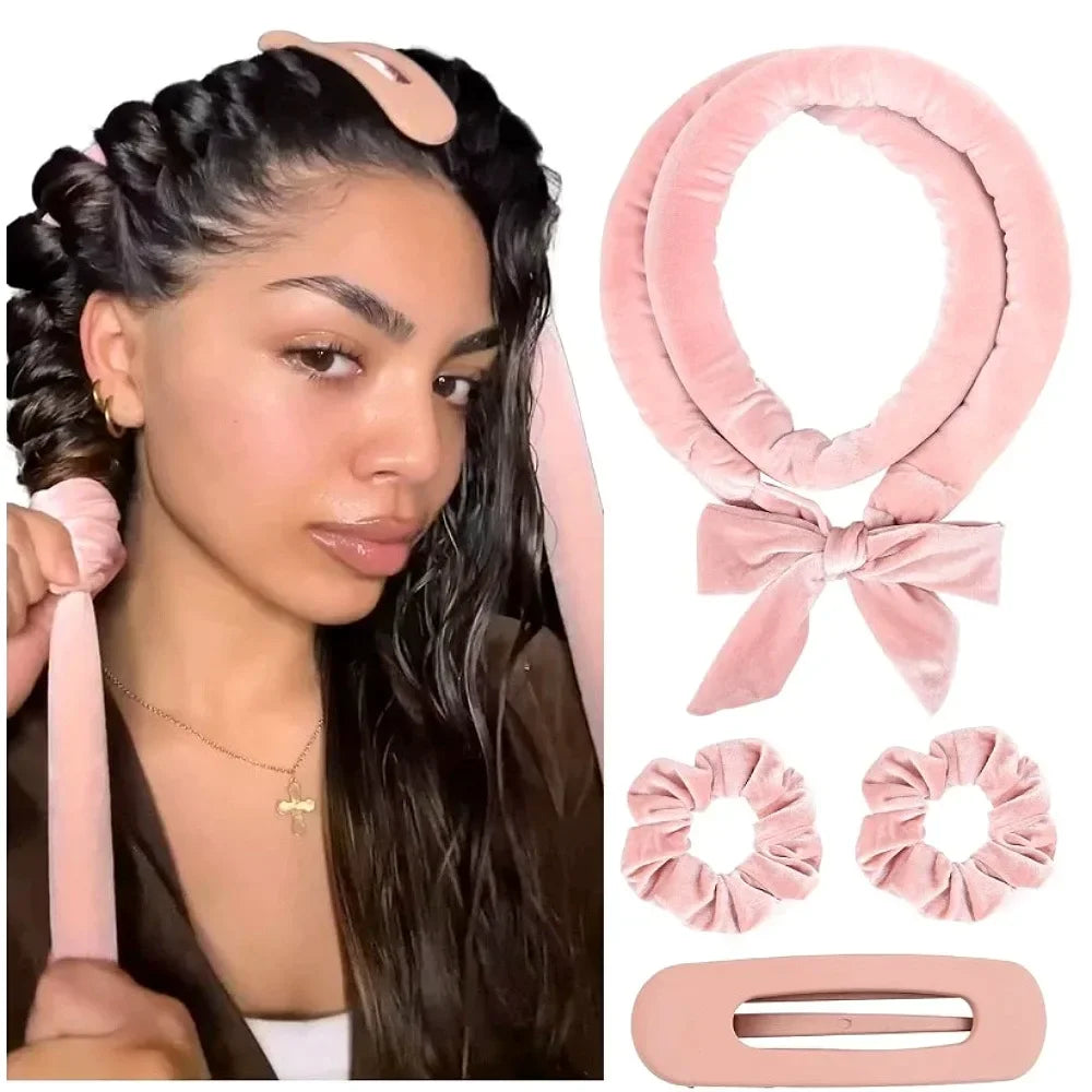 Light pink heatless hair curler set with satin bonnet, curling headband, scrunchies, and hair clip