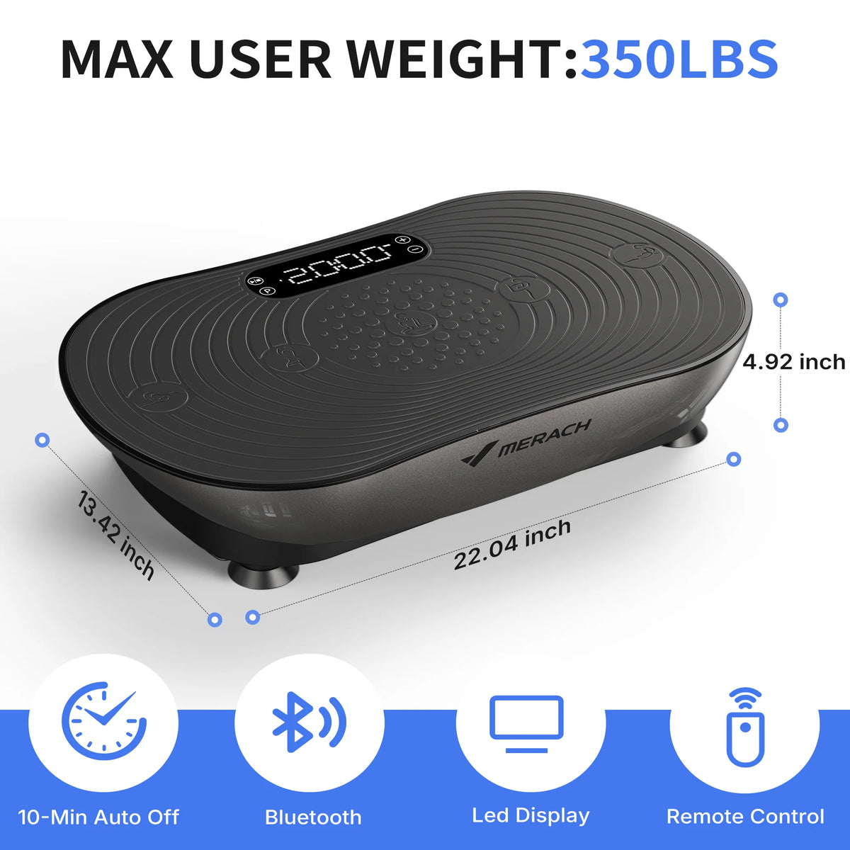 All-black MERACH whole body vibration plate exercise machine displayed on a white background with product dimensions and key features for home fitness workouts.