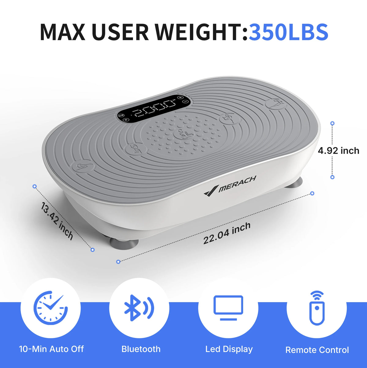 Gray and white MERACH whole body vibration plate exercise machine displayed on a white background with product dimensions and key features for home fitness workouts.