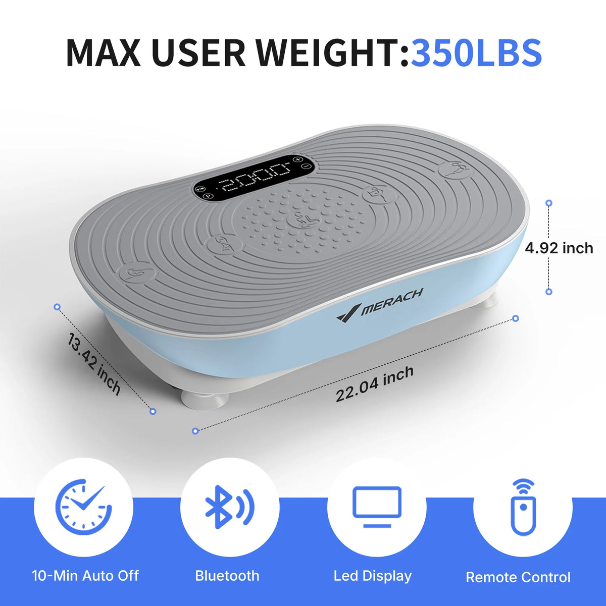 Grey and blue MERACH whole body vibration plate exercise machine displayed on a white background with product dimensions and key features for home fitness workouts.