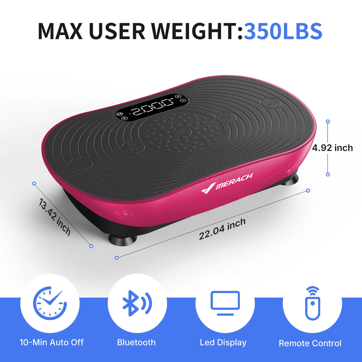 Red and black MERACH whole body vibration plate exercise machine displayed on a white background with product dimensions and key features for home fitness workouts.