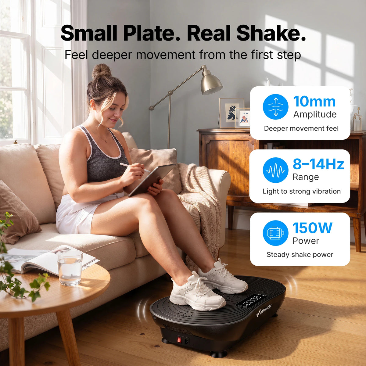 Woman sitting on a black MERACH whole body vibration plate in a bright living room, highlighting its 150W motor, 10mm vibration amplitude, and 8–14Hz frequency range.