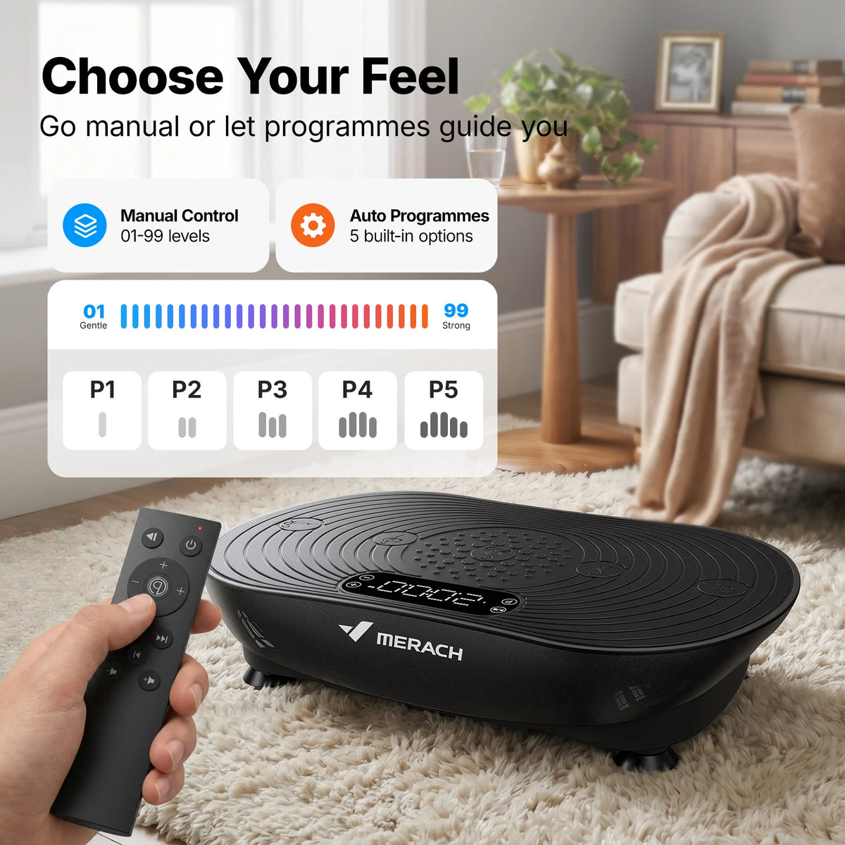 Black MERACH whole body vibration plate on a cream living room rug with handheld remote control, highlighting adjustable intensity levels and manual and automatic workout modes.