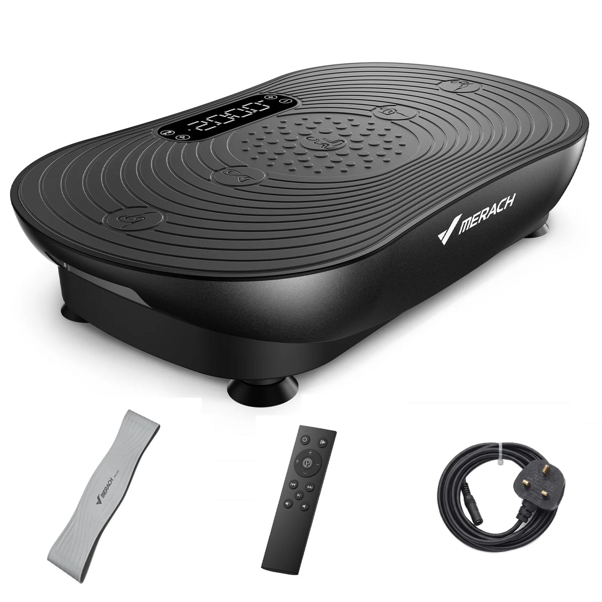 MERACH whole body vibration plate exercise machine with digital touch display, 99 adjustable speeds, and compact platform for home fitness workouts.