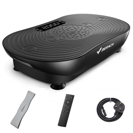 MERACH whole body vibration plate exercise machine with digital touch display, 99 adjustable speeds, and compact platform for home fitness workouts.