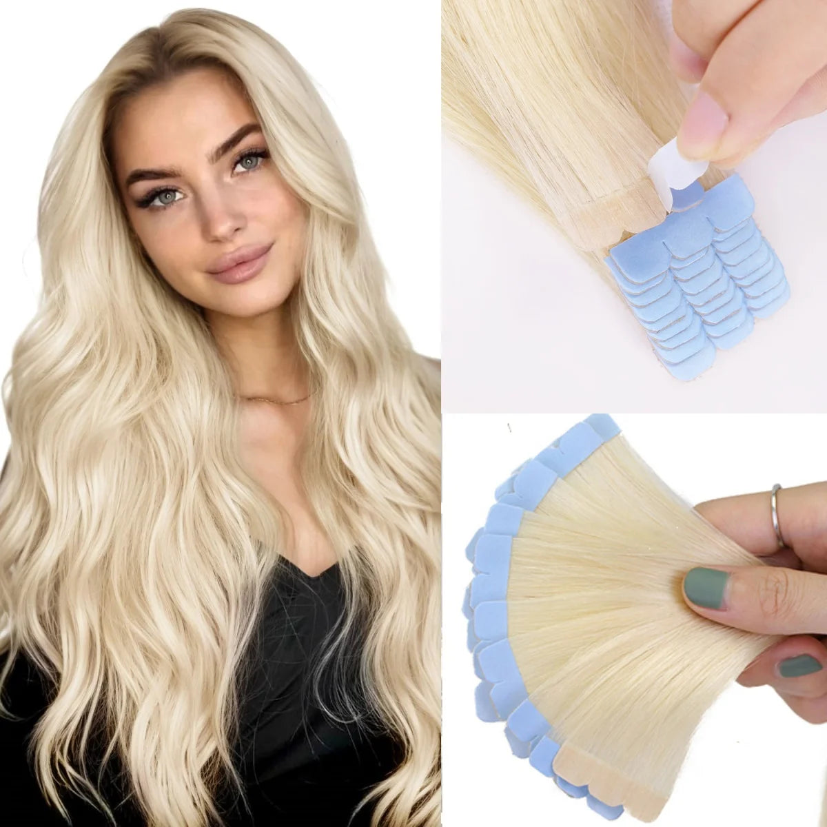 Mini tape-in human hair extensions with a straight texture and small adhesive attachment tabs.