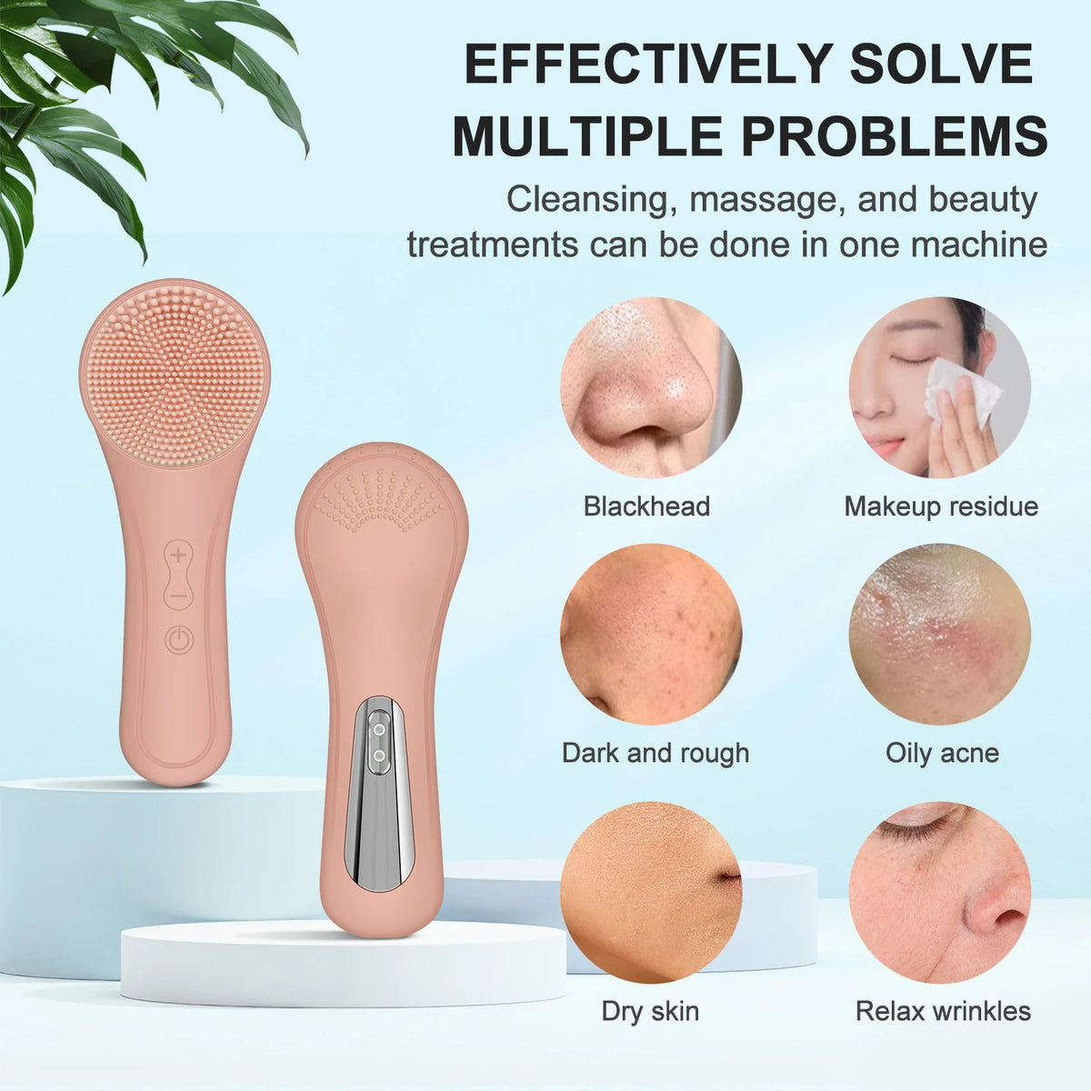Multifunctional electric facial cleansing brush with skincare illustrations highlighting its uses for cleansing, exfoliation, and facial care.