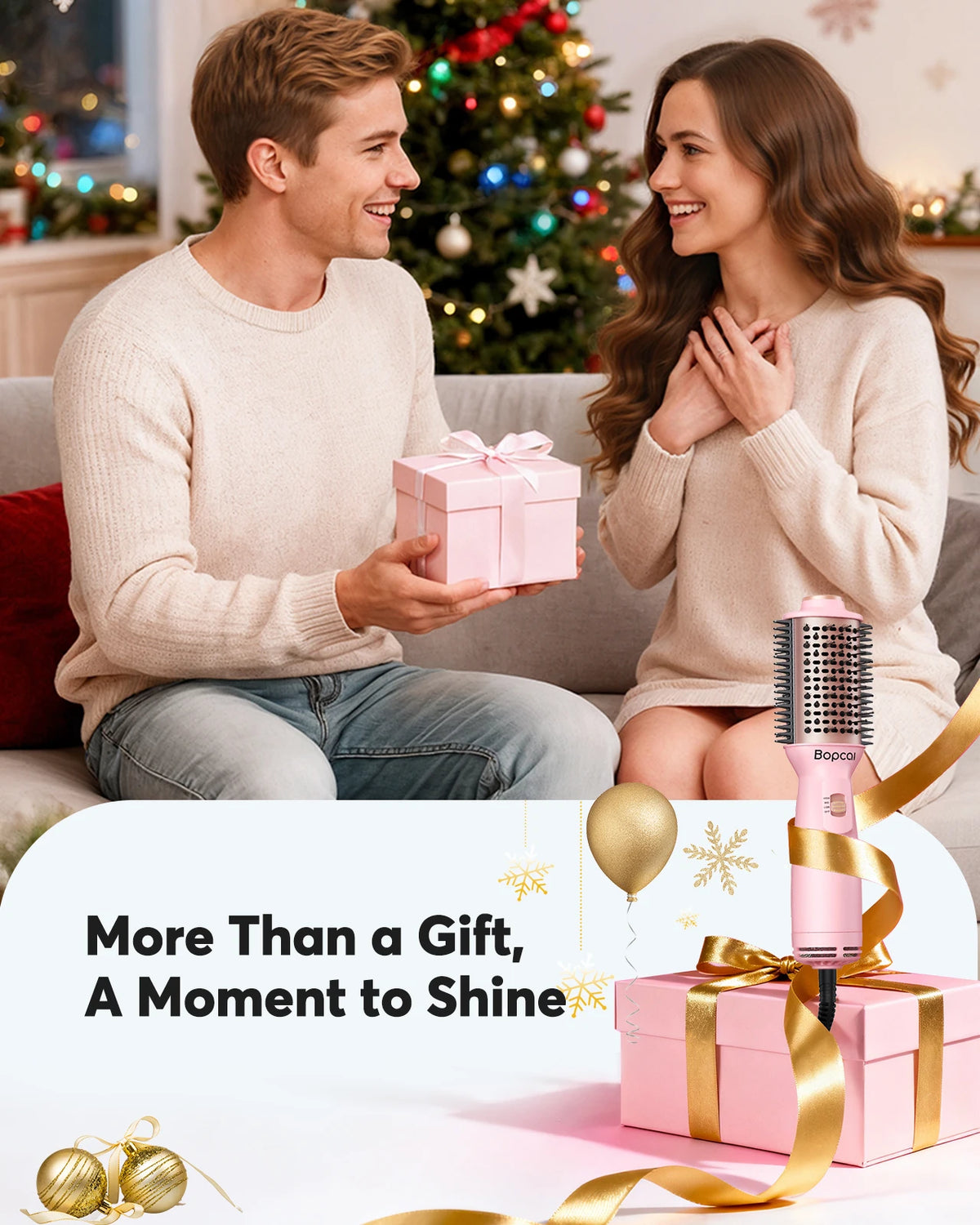 Pink hair styling brush displayed beside a gift box with a gold ribbon, with a smiling couple exchanging a gift in the background. Copy